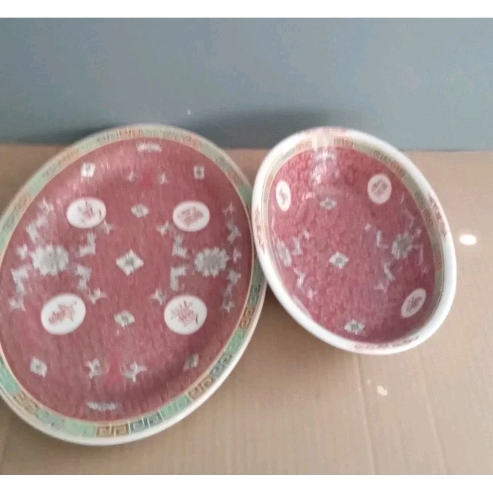 Vintage Chinese Porcelain Oval Serving Platter and‎ Bowl Set Red Floral